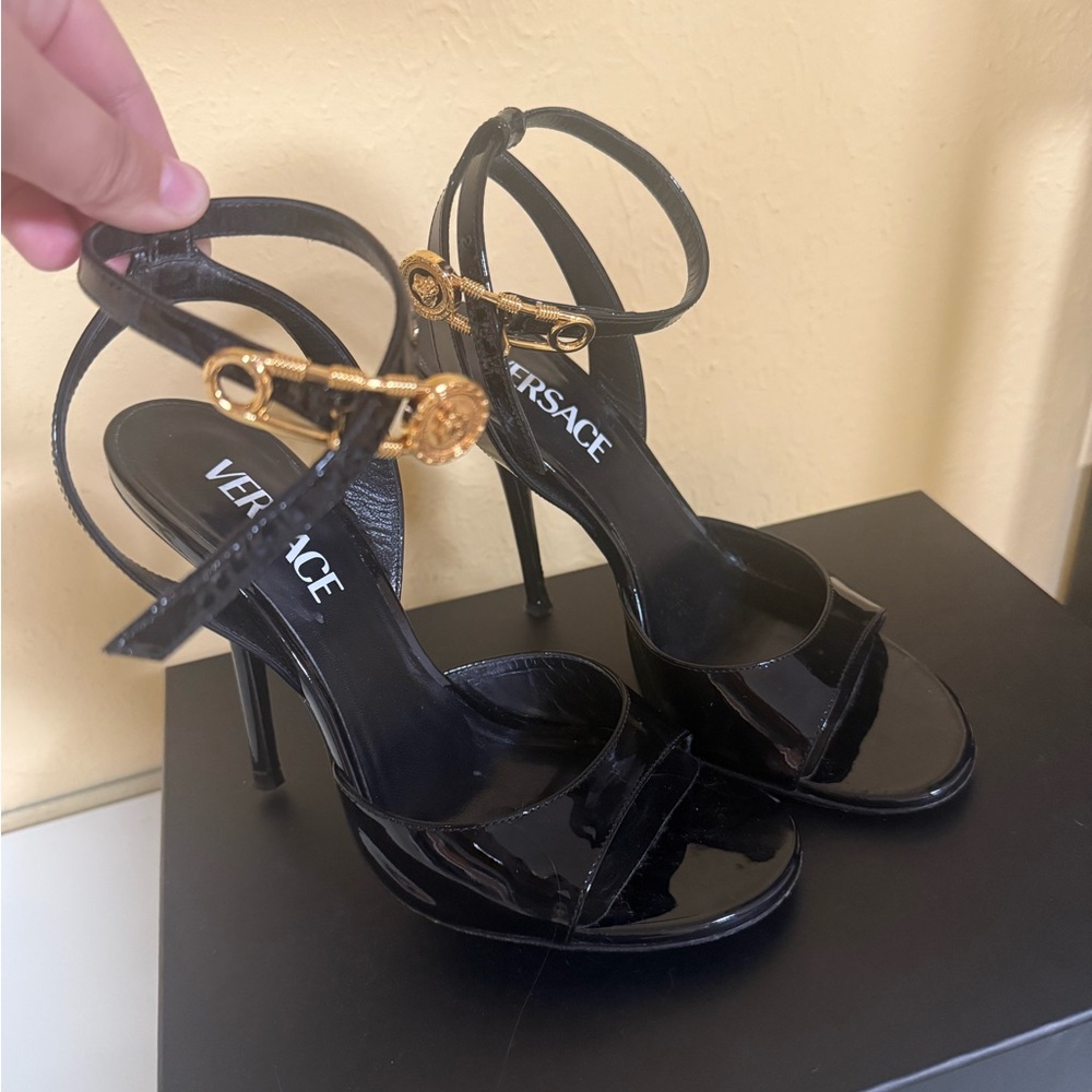 Versace Safety Pin Glossy Black Pump with Gold Accent (limited edition)